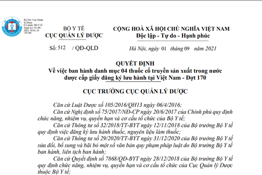 07 thuốc cổ truyền sản xuất trong nước được cấp giấy đăng ký lưu hành tại Việt Nam