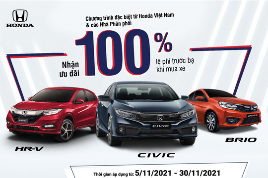 Honda Việt Nam hỗ trợ 100% phí trước bạ cho Civic, HR-V và Brio trong tháng 11