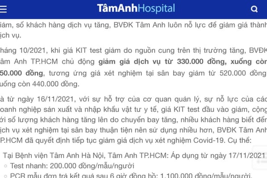 Bệnh viện Tâm Anh thu phí test COVID-19 cao hơn giá trần của Bộ Y tế
