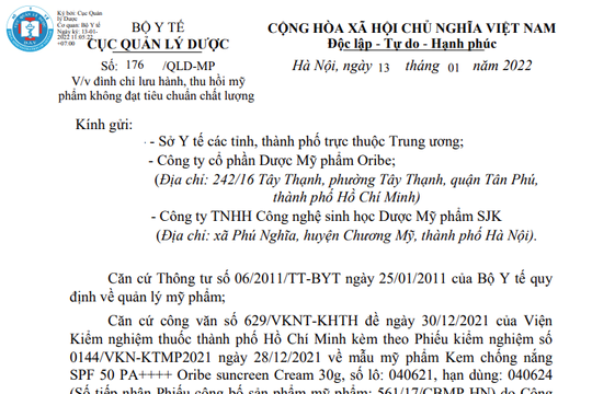 Đình chỉ lưu hành, thu hồi sản phẩm của Công ty Dược Mỹ phẩm Oribe