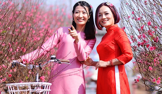 Cô gái Hà thành xúng xính áo dài 'đọ sắc' bên đào Nhật Tân