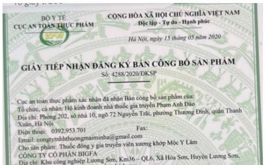 Giấy tiếp nhận ĐKBCB sản phẩm Thuốc đông y gia truyền viên xương khớp Mộc Y Lâm giả mạo