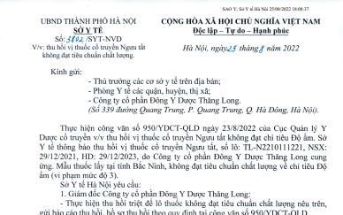 Yêu cầu thu hồi vị thuốc cổ truyền Ngưu Tất do Công ty cổ phần Đông Y Dược Thăng Long cung ứng