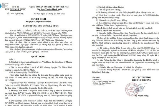 Công ty Maxtar Bio-Genics bị phạt 70 triệu đồng vì sản xuất thuốc không đảm bảo chất lượng