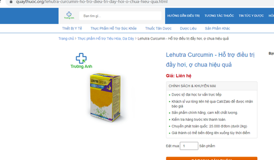 Thực phẩm bảo vệ sức khỏe Lehutra-Curcumin quảng cáo như thuốc chữa bệnh