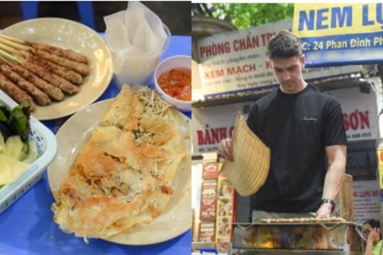 Chàng Tây thoăn thoắt nướng nem lụi, rao bán bánh xèo ở vỉa hè Hà Nội