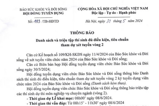 Hội đồng tuyển dụng viên chức báo Sức khỏe và Đời sống thông báo