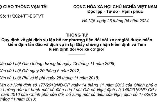 Thông tư về phí dịch vụ lập hồ sơ ô tô miễn đăng kiểm lần đầu