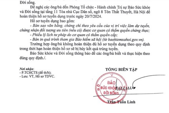 Thông báo công nhận kết quả trúng tuyển kỳ xét tuyển viên chức năm 2024 của Báo Sức khỏe và Đời sống
