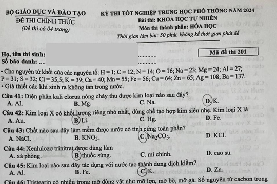 THI TỐT NGHIỆP THPT 2024: Đề thi, gợi ý đáp án môn HÓA HỌC