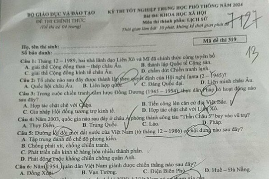 THI TỐT NGHIỆP THPT 2024: Đề thi, gợi ý đáp án môn LỊCH SỬ