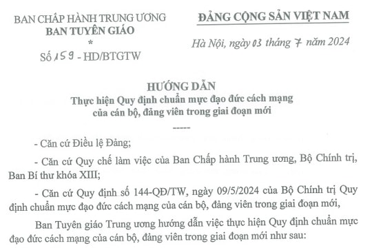 Đã có Hướng dẫn 159-HD/BTGTW về Quy định chuẩn mực đạo đức cách mạng của cán bộ, đảng viên trong giai đoạn mới