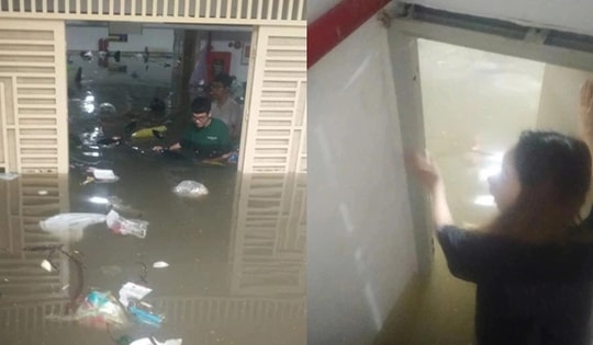 Phút kinh hoàng của người phụ nữ trung niên suýt chết đuối trong hầm chung cư mini ngập sâu ở Hà Nội