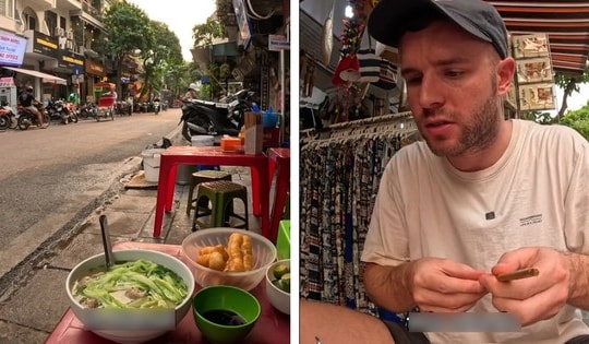 Khách Tây lần đầu thử món bún 'ngứa lưỡi' ở vỉa hè Hà Nội, xuýt xoa khen ngon