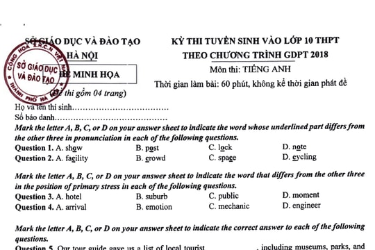 Hà Nội: Đề minh họa môn Tiếng Anh thi vào lớp 10 theo chương trình mới