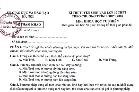 Gợi ý đáp án đề minh họa môn KHOA HỌC TỰ NHIÊN thi vào lớp 10 Hà Nội theo chương trình mới