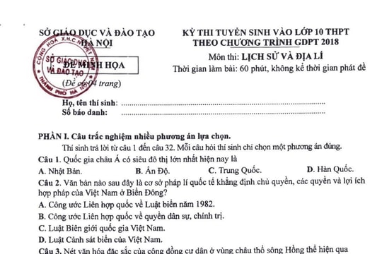 Gợi ý đáp án đề minh họa môn LỊCH SỬ & ĐỊA LÝ thi vào lớp 10 Hà Nội theo chương trình mới