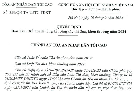 Đã có Quyết định 359 về Kế hoạch tổng kết công tác thi đua, khen thưởng năm 2024 trong Tòa án nhân dân