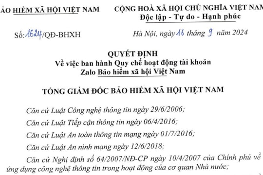 Đã có Quyết định 1624 về Quy chế hoạt động tài khoản Zalo BHXH Việt Nam