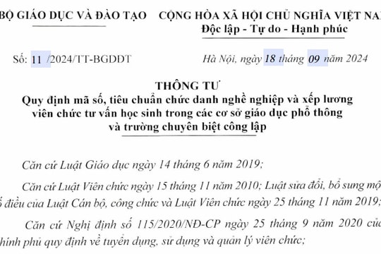 Đã có Thông tư 11 về tiêu chuẩn viên chức tư vấn học trong cơ sở giáo dục phổ thông công lập