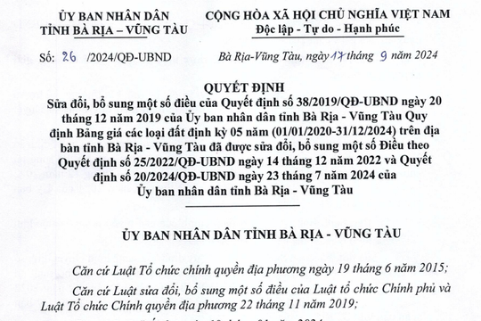 Nóng: Bảng giá đất mới của Bà Rịa - Vũng Tàu tăng 20 - 30%