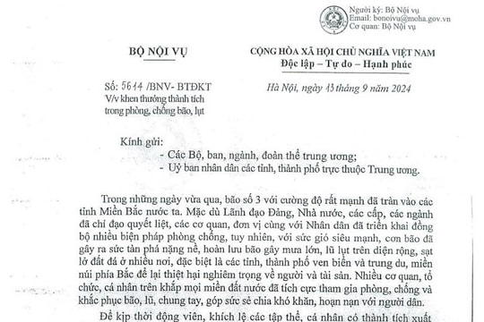 Công văn 5614 về khen thưởng thành tích trong phòng chống bão lũ của Bộ Nội vụ