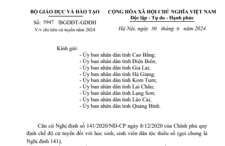 Chỉ tiêu cử tuyển trình độ đại học năm 2024 tại 9 tỉnh