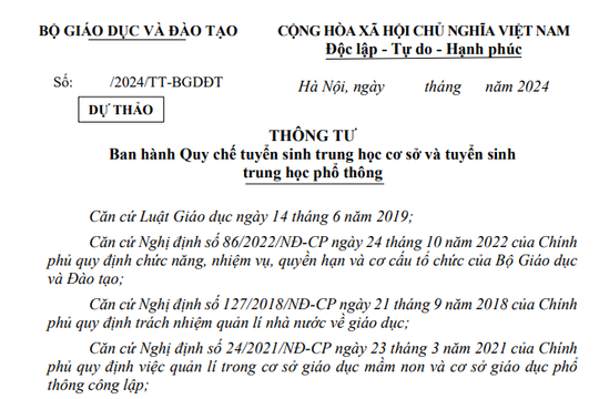 Đã có dự thảo Quy chế tuyển sinh vào lớp 10 năm 2025