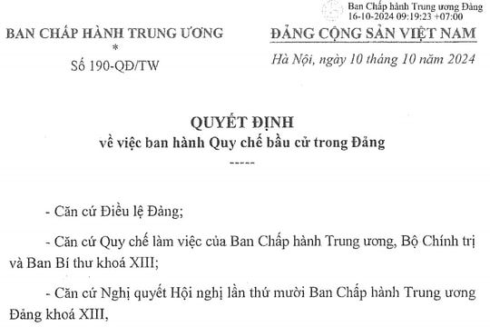 Đã có Quyết định 190 năm 2024 về quy chế bầu cử trong Đảng