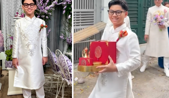 Con riêng 11 tuổi của chồng Hoa hậu Khánh Vân xuất hiện trong lễ ăn hỏi