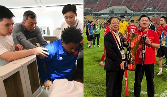 Chồng Hoa hậu Đỗ Mỹ Linh đỡ cầu thủ Nguyễn Xuân Son trên máy bay