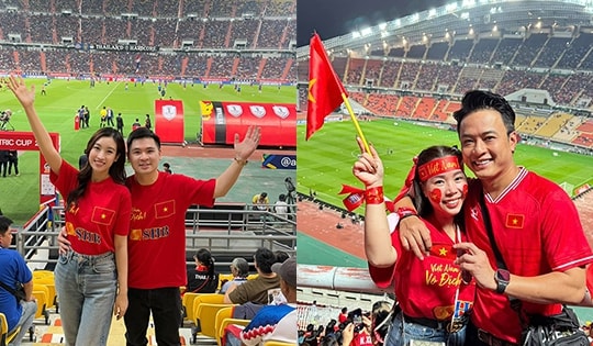 Hoa hậu Đỗ Mỹ Linh và nhà chồng mừng đội tuyển Việt Nam vô địch trên đất Thái