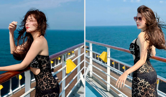 Thanh Hương diện váy ren xuyên thấu trên du thuyền