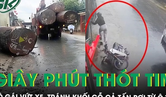 Thót tim khoảnh khắc cô gái vứt xe, tránh khối gỗ cả tấn rơi khỏi ô tô, thoát chết trong gang tấc