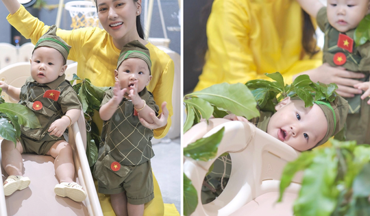 Cặp song sinh nhà Phương Oanh gây sốt với trang phục áo trấn thủ, mũ ca lô