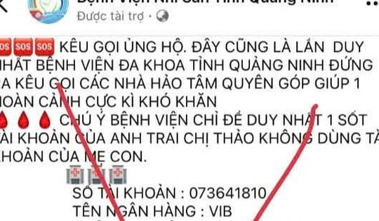 Cảnh giác trang fanpage BV Sản Nhi Quảng Ninh giả, kêu gọi chuyển tiền ủng hộ