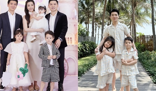 Anh chồng Đỗ Mỹ Linh đi du lịch cùng cặp song sinh,  khoe khéo đồ em dâu 'tài trợ'