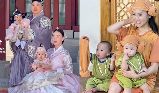 Cặp song sinh nhà Phương Oanh - Shark Bình diện hanbok cùng bố mẹ ở Hàn Quốc