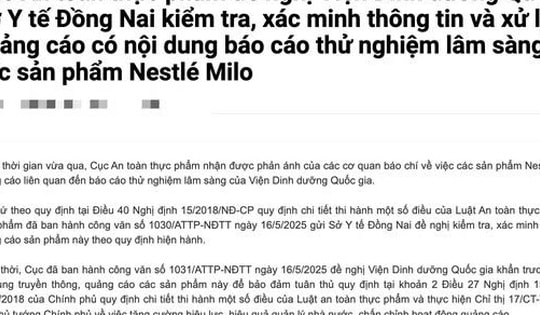 Bộ Y tế yêu cầu kiểm tra, xác minh thông tin quảng cáo Nestlé Milo gắn tên Viện Dinh dưỡng Quốc gia