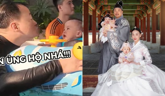 Cặp song sinh nhà Phương Oanh - Shark Bình mới 1 tuổi đã được bố mẹ cho học bơi