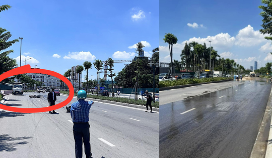 Hà Nội: Dầu Diesel tràn mặt đường Lê Quang Đạo, người đi xe máy ngã nhào