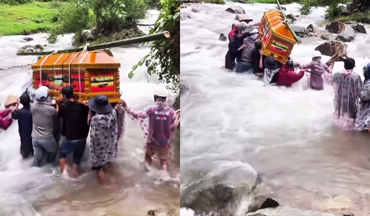 Nghẹn lòng bà con bám vai nhau vượt lũ dữ đưa người đã mất đi an táng ở Đà Nẵng