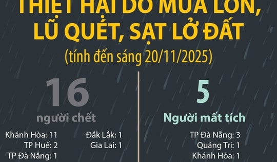 Thiệt hại do mưa lớn, lũ quét, sạt lở đất (tính đến sáng 20/11/2025)