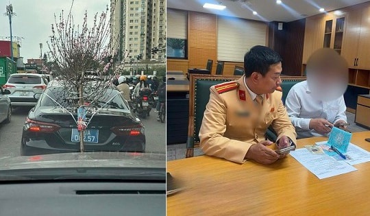 Buộc cành đào che biển số, tài xế xe ‘biển xanh’ bị phạt 23 triệu đồng