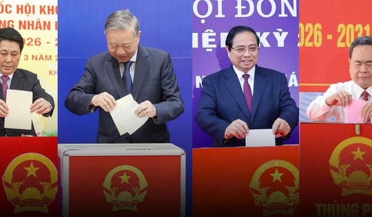 Tổng Bí thư Tô Lâm cùng các đồng chí lãnh đạo Đảng, Nhà nước thực hiện quyền cử tri