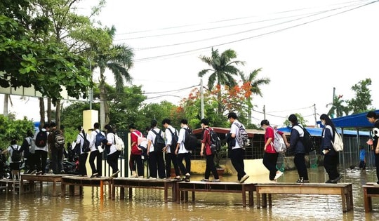 Cây cầu đặc biệt giữa sân trường ngập nước ở Hải Phòng gây xúc động mạng xã hội