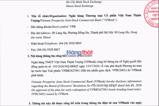 VPBank phê duyệt mua lại trước hạn 4.000 tỷ đồng trái phiếu mã VPB12401