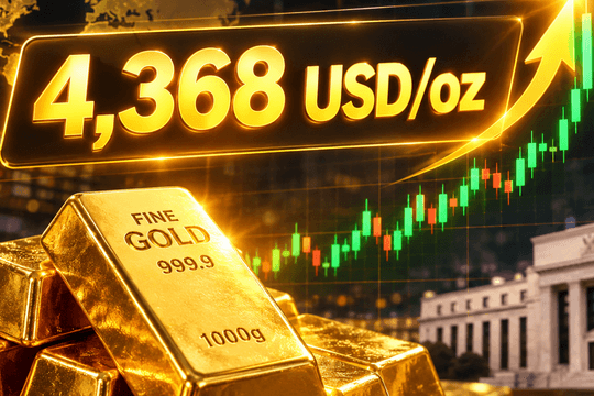 Giá vàng thế giới sáng 8/8 tăng vượt 4.368 USD
