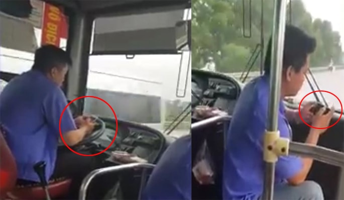 Tài xế và phụ xe buýt vừa lái xe vừa cắm mặt vào điện thoại gây phẫn nộ