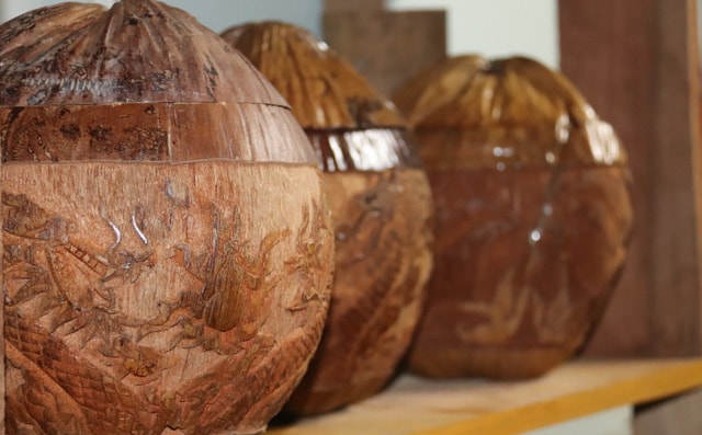 Ảnh: Chiêm ngưỡng những tác phẩm độc đáo trên vỏ bình trà làm bằng trái dừa khô